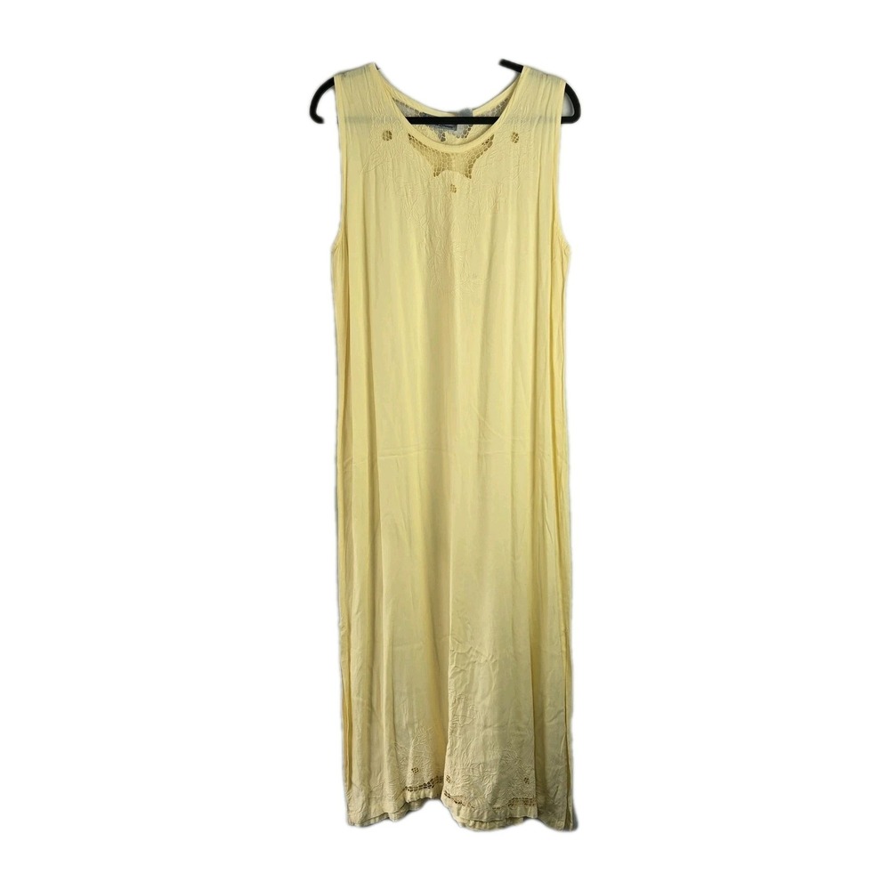 Vtg Jane Ashley Shift Maxi Dress Large Butter Yellow Lace Embroidered 90s Pastel